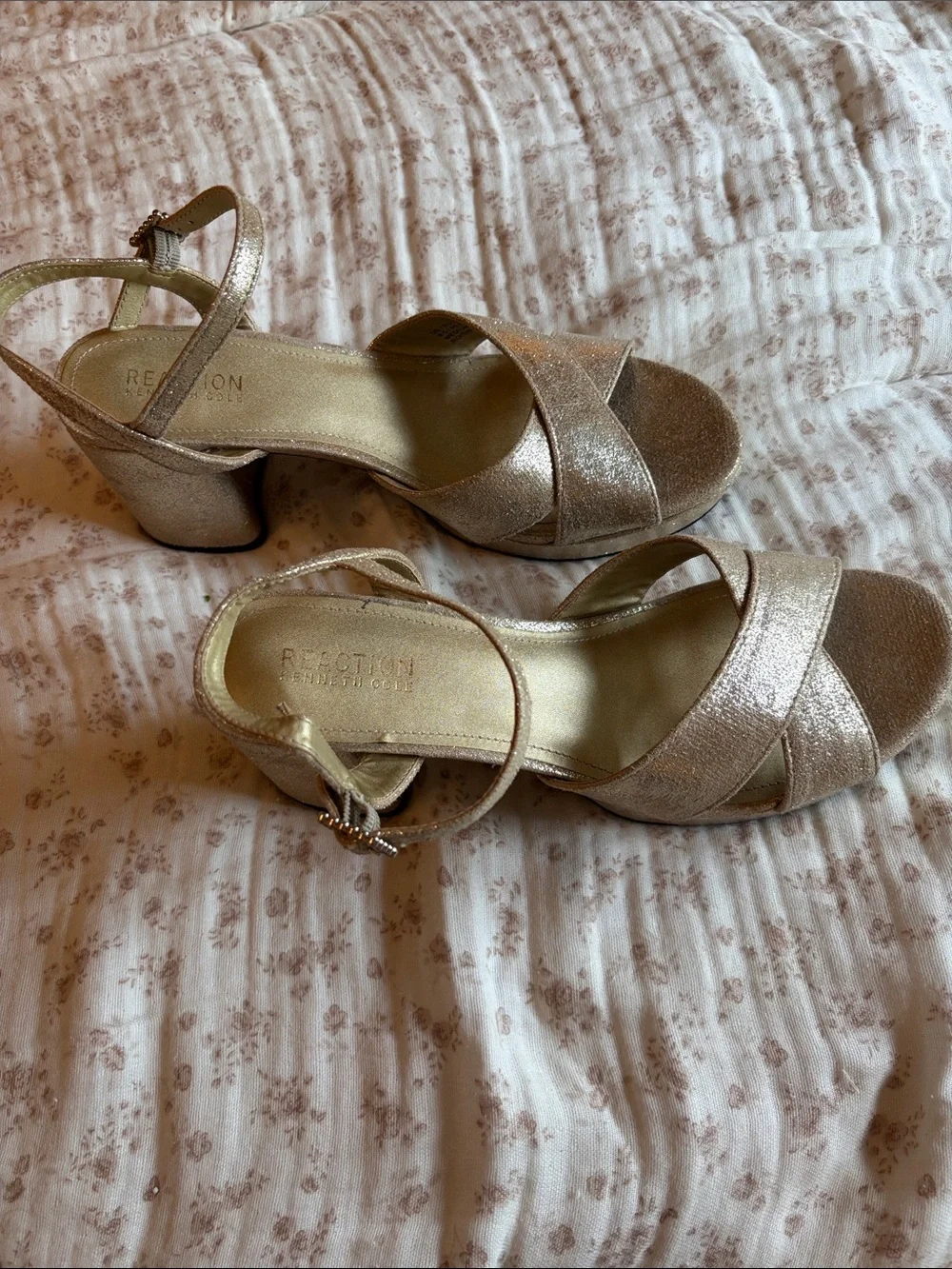 Kenneth Cole Reaction Metallic Gold Crisscross Platform Block Heels